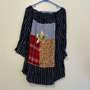 Southern Stitch off shoulder navy striped patch work star sequence shirt lg